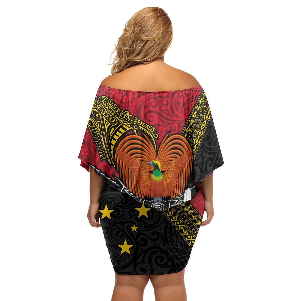 Papua New Guinea Goroka Show Off Shoulder Short Dress Bird-of-paradise and Melanesian Tattoo Pattern LT03 - Polynesian Pride