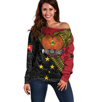 Papua New Guinea Goroka Show Off Shoulder Sweater Bird-of-paradise and Melanesian Tattoo Pattern LT03 Women Red - Polynesian Pride