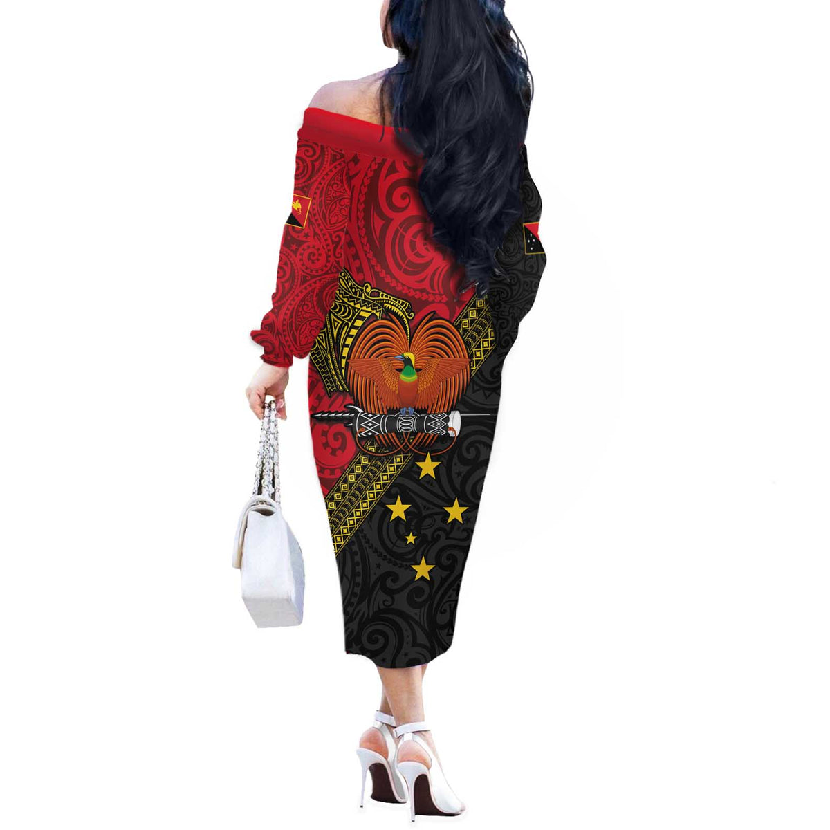 Papua New Guinea Goroka Show Off The Shoulder Long Sleeve Dress Bird-of-paradise and Melanesian Tattoo Pattern LT03 - Polynesian Pride