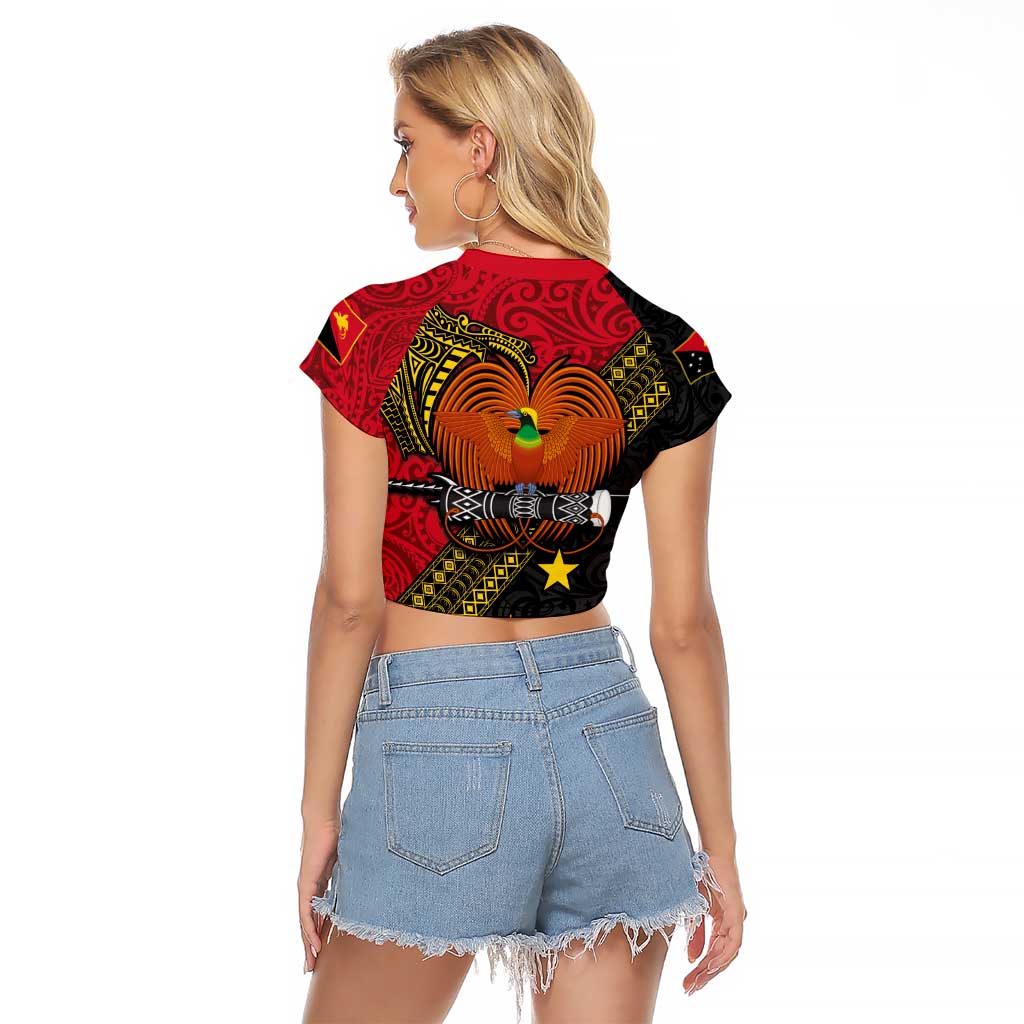 Papua New Guinea Goroka Show Raglan Cropped T Shirt Bird-of-paradise and Melanesian Tattoo Pattern LT03 - Polynesian Pride