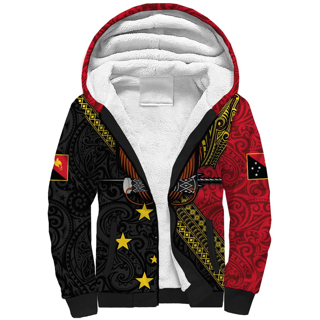 Papua New Guinea Goroka Show Sherpa Hoodie Bird-of-paradise and Melanesian Tattoo Pattern LT03 Unisex Red - Polynesian Pride