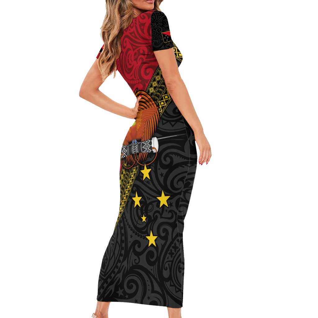 Papua New Guinea Goroka Show Short Sleeve Bodycon Dress Bird-of-paradise and Melanesian Tattoo Pattern LT03 - Polynesian Pride