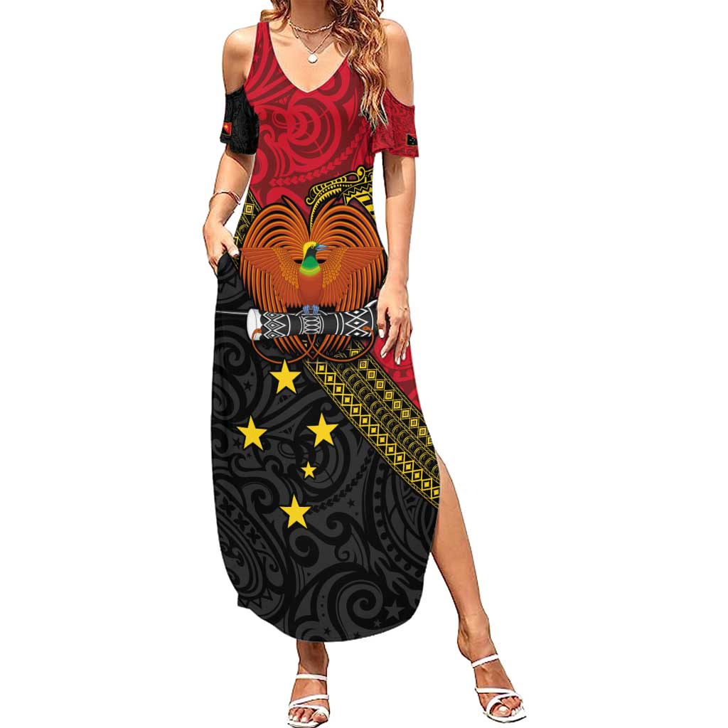Papua New Guinea Goroka Show Summer Maxi Dress Bird-of-paradise and Melanesian Tattoo Pattern LT03 Women Red - Polynesian Pride