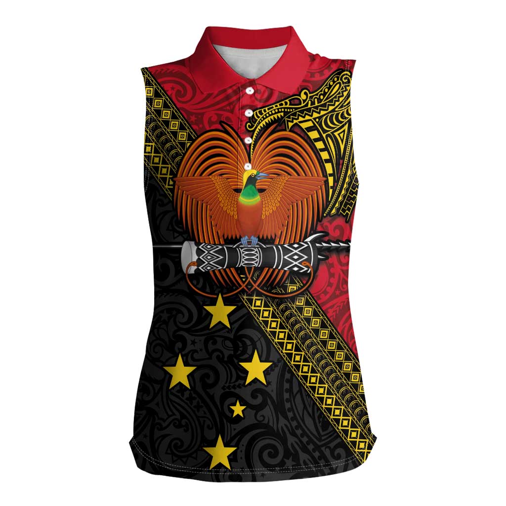 Papua New Guinea Goroka Show Women Sleeveless Polo Shirt Bird-of-paradise and Melanesian Tattoo Pattern LT03 Female Red - Polynesian Pride
