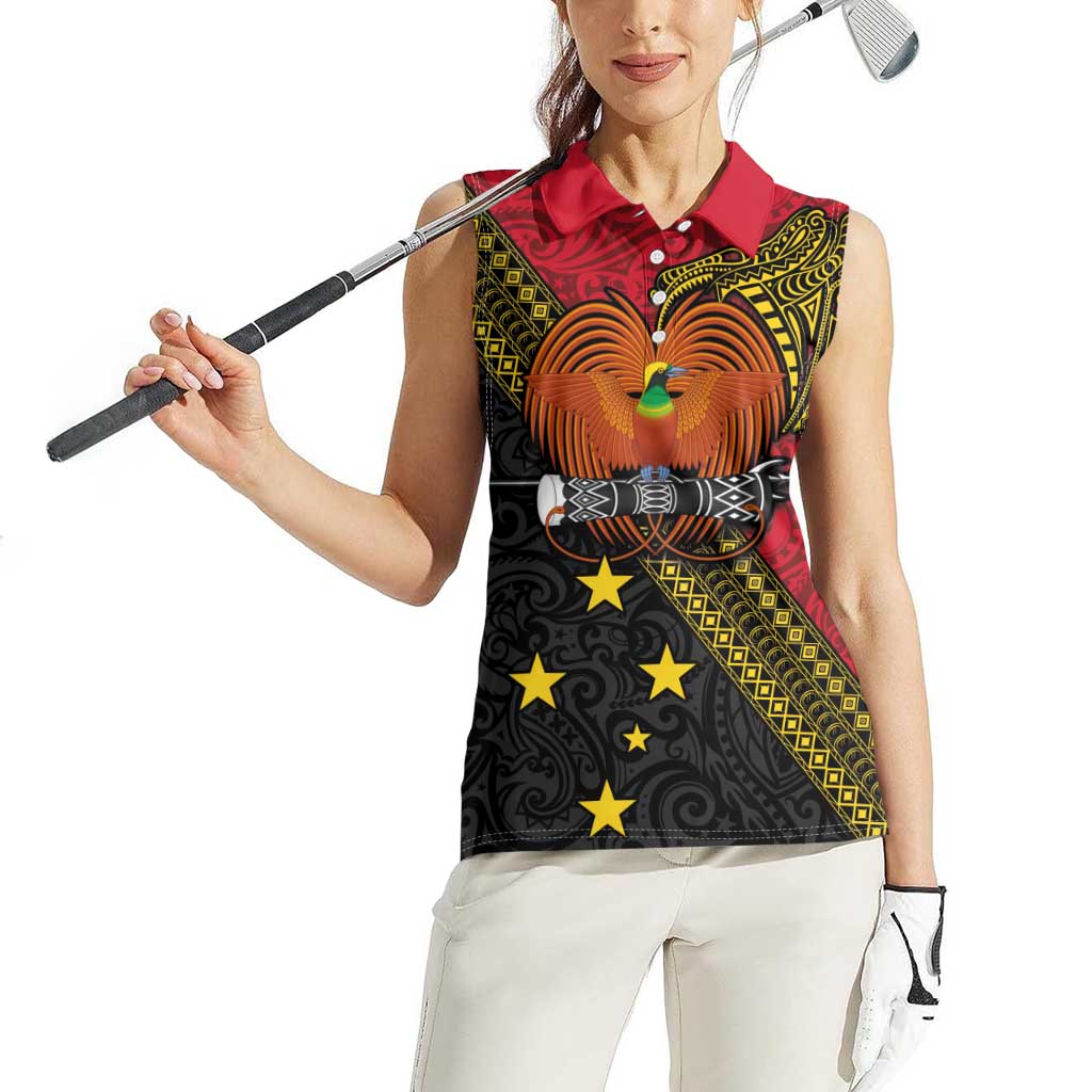 Papua New Guinea Goroka Show Women Sleeveless Polo Shirt Bird-of-paradise and Melanesian Tattoo Pattern LT03 - Polynesian Pride