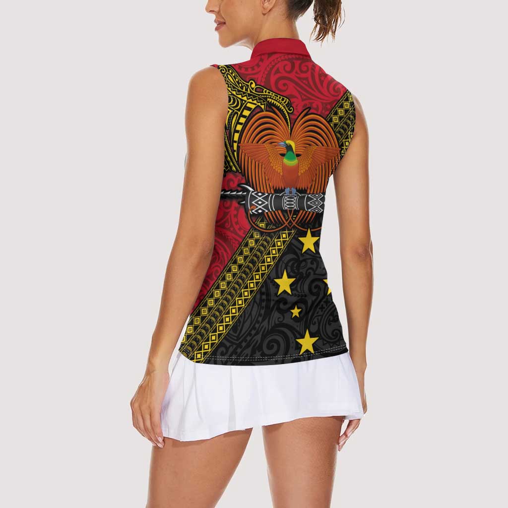 Papua New Guinea Goroka Show Women Sleeveless Polo Shirt Bird-of-paradise and Melanesian Tattoo Pattern LT03 - Polynesian Pride