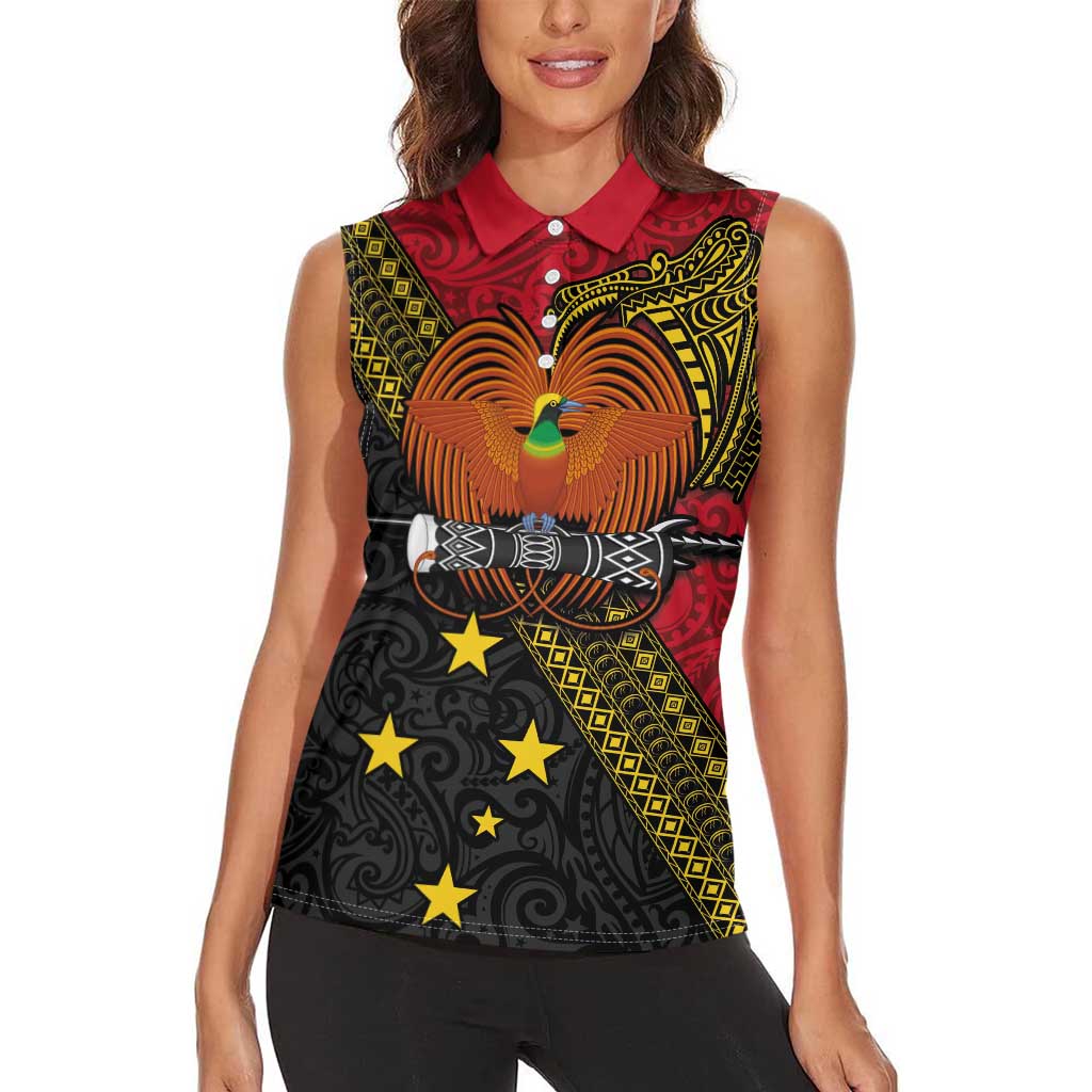 Papua New Guinea Goroka Show Women Sleeveless Polo Shirt Bird-of-paradise and Melanesian Tattoo Pattern LT03 - Polynesian Pride