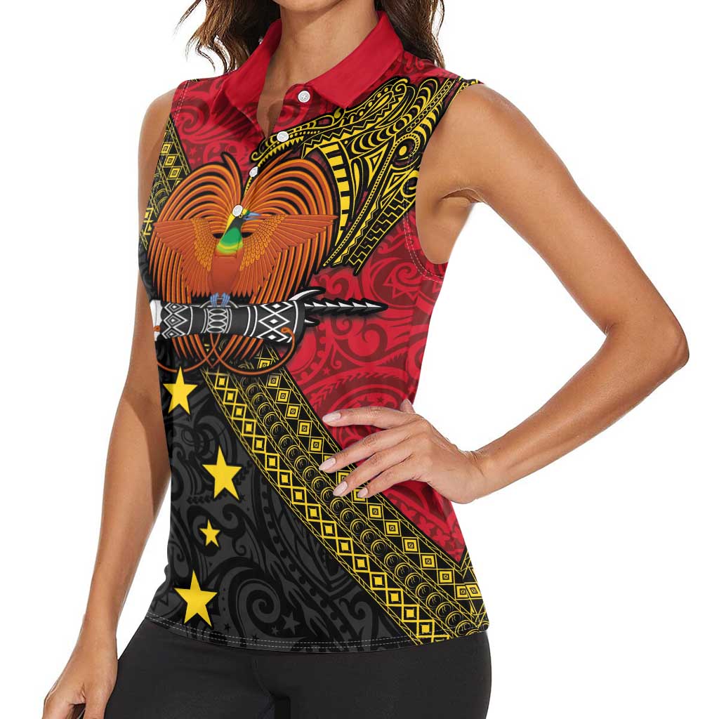 Papua New Guinea Goroka Show Women Sleeveless Polo Shirt Bird-of-paradise and Melanesian Tattoo Pattern LT03 - Polynesian Pride