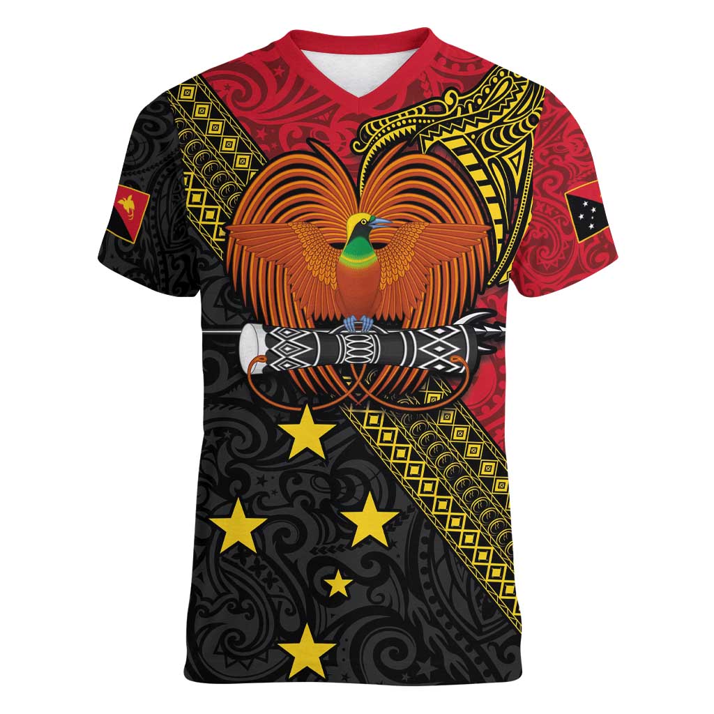 Papua New Guinea Goroka Show Women V-Neck T-Shirt Bird-of-paradise and Melanesian Tattoo Pattern LT03 Female Red - Polynesian Pride