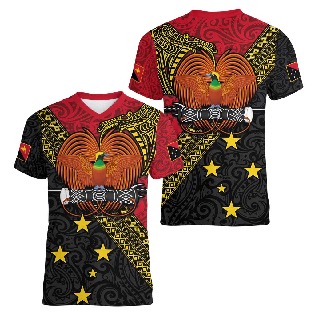 Papua New Guinea Goroka Show Women V-Neck T-Shirt Bird-of-paradise and Melanesian Tattoo Pattern LT03 - Polynesian Pride