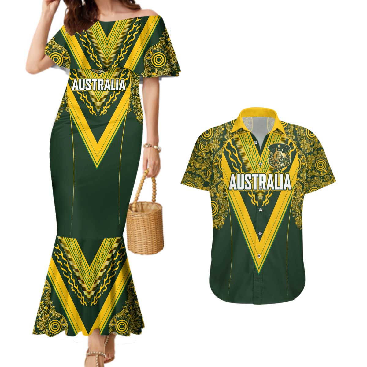 Australia Rugby Custom Couples Matching Mermaid Dress and Hawaiian Shirt Aboriginal Art Sporty Style - Polynesian Pride