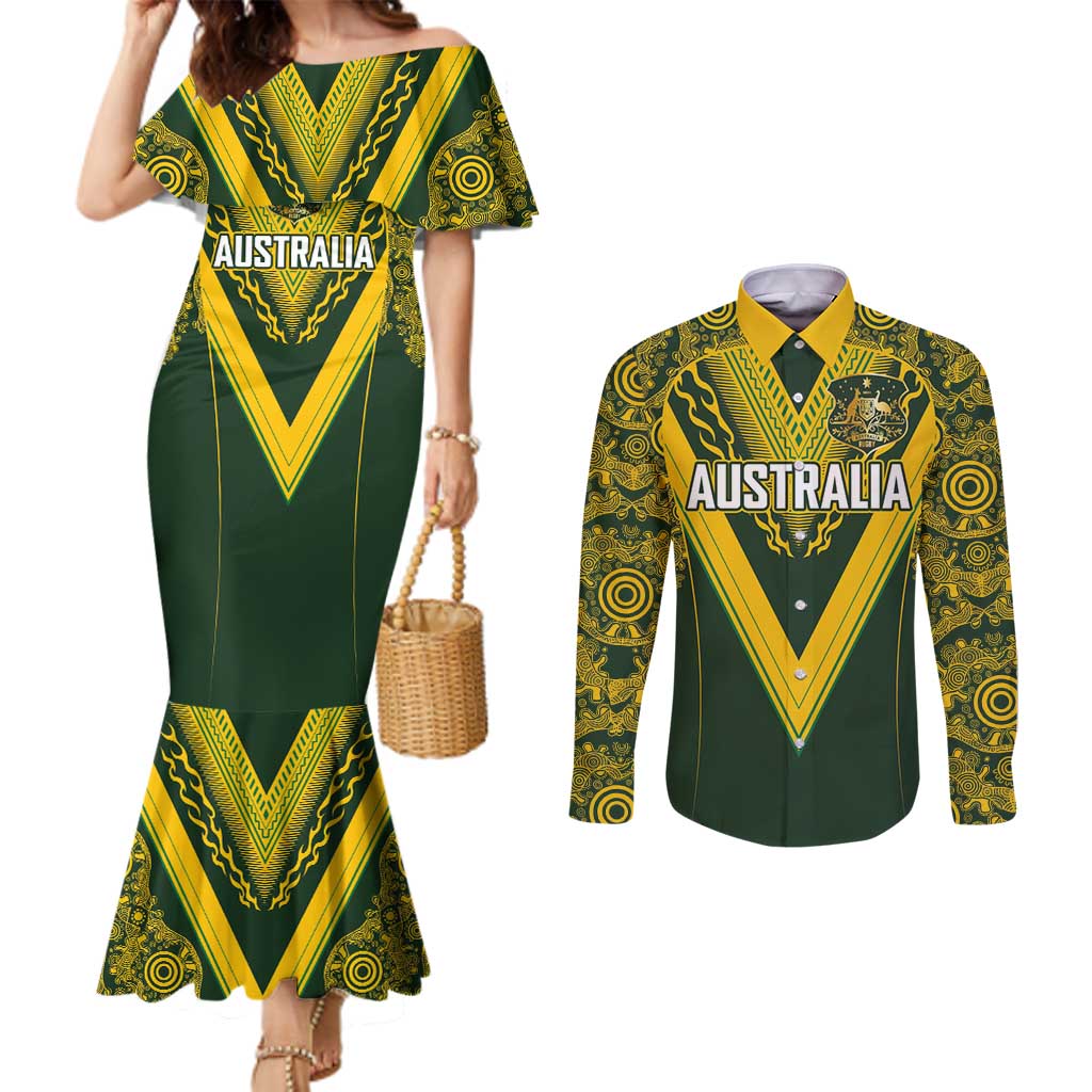 Australia Rugby Custom Couples Matching Mermaid Dress and Long Sleeve Button Shirt Aboriginal Art Sporty Style - Polynesian Pride