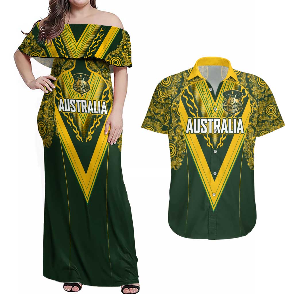Australia Rugby Custom Couples Matching Off Shoulder Maxi Dress and Hawaiian Shirt Aboriginal Art Sporty Style LT03 Green - Polynesian Pride