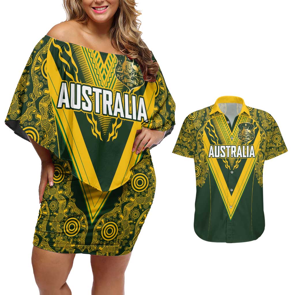 Australia Rugby Custom Couples Matching Off Shoulder Short Dress and Hawaiian Shirt Aboriginal Art Sporty Style LT03 Green - Polynesian Pride