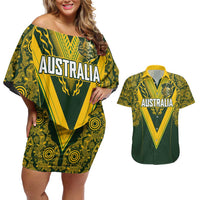Australia Rugby Custom Couples Matching Off Shoulder Short Dress and Hawaiian Shirt Aboriginal Art Sporty Style LT03 Green - Polynesian Pride