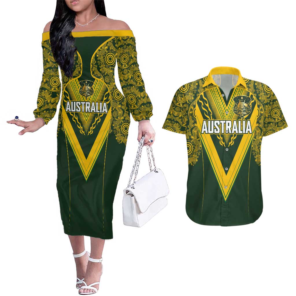 Australia Rugby Custom Couples Matching Off The Shoulder Long Sleeve Dress and Hawaiian Shirt Aboriginal Art Sporty Style LT03 Green - Polynesian Pride