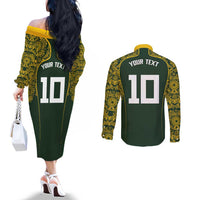 Australia Rugby Custom Couples Matching Off The Shoulder Long Sleeve Dress and Long Sleeve Button Shirt Aboriginal Art Sporty Style - Polynesian Pride