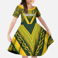 Australia Rugby Custom Family Matching Off The Shoulder Long Sleeve Dress and Hawaiian Shirt Aboriginal Art Sporty Style LT03 Daughter's Dress Green - Polynesian Pride