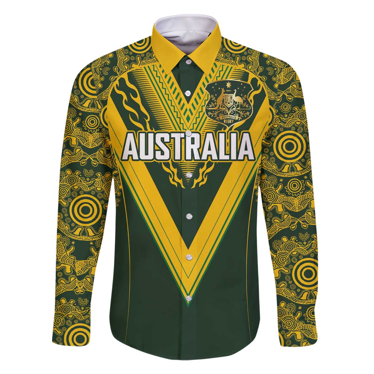Australia Rugby Custom Family Matching Off The Shoulder Long Sleeve Dress and Hawaiian Shirt Aboriginal Art Sporty Style LT03 Dad's Shirt - Long Sleeve Green - Polynesian Pride