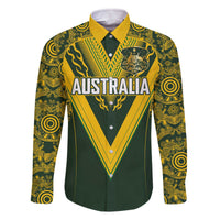 Australia Rugby Custom Family Matching Off The Shoulder Long Sleeve Dress and Hawaiian Shirt Aboriginal Art Sporty Style LT03 Dad's Shirt - Long Sleeve Green - Polynesian Pride