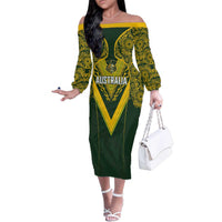 Australia Rugby Custom Family Matching Off The Shoulder Long Sleeve Dress and Hawaiian Shirt Aboriginal Art Sporty Style LT03 Mom's Dress Green - Polynesian Pride