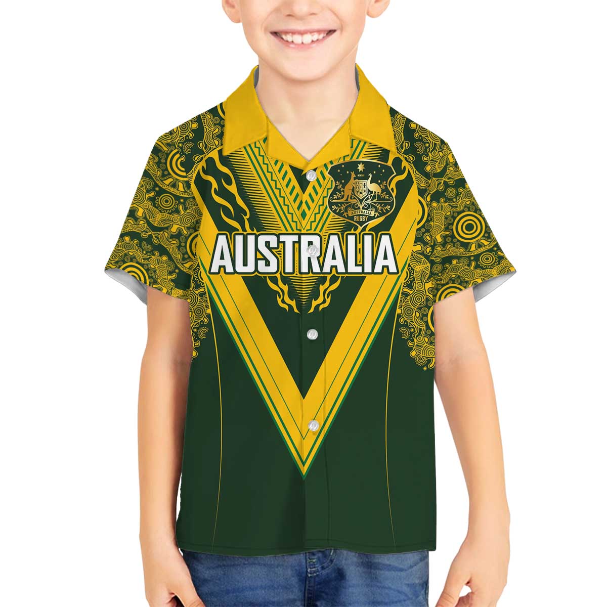 Australia Rugby Custom Family Matching Off The Shoulder Long Sleeve Dress and Hawaiian Shirt Aboriginal Art Sporty Style LT03 Son's Shirt Green - Polynesian Pride
