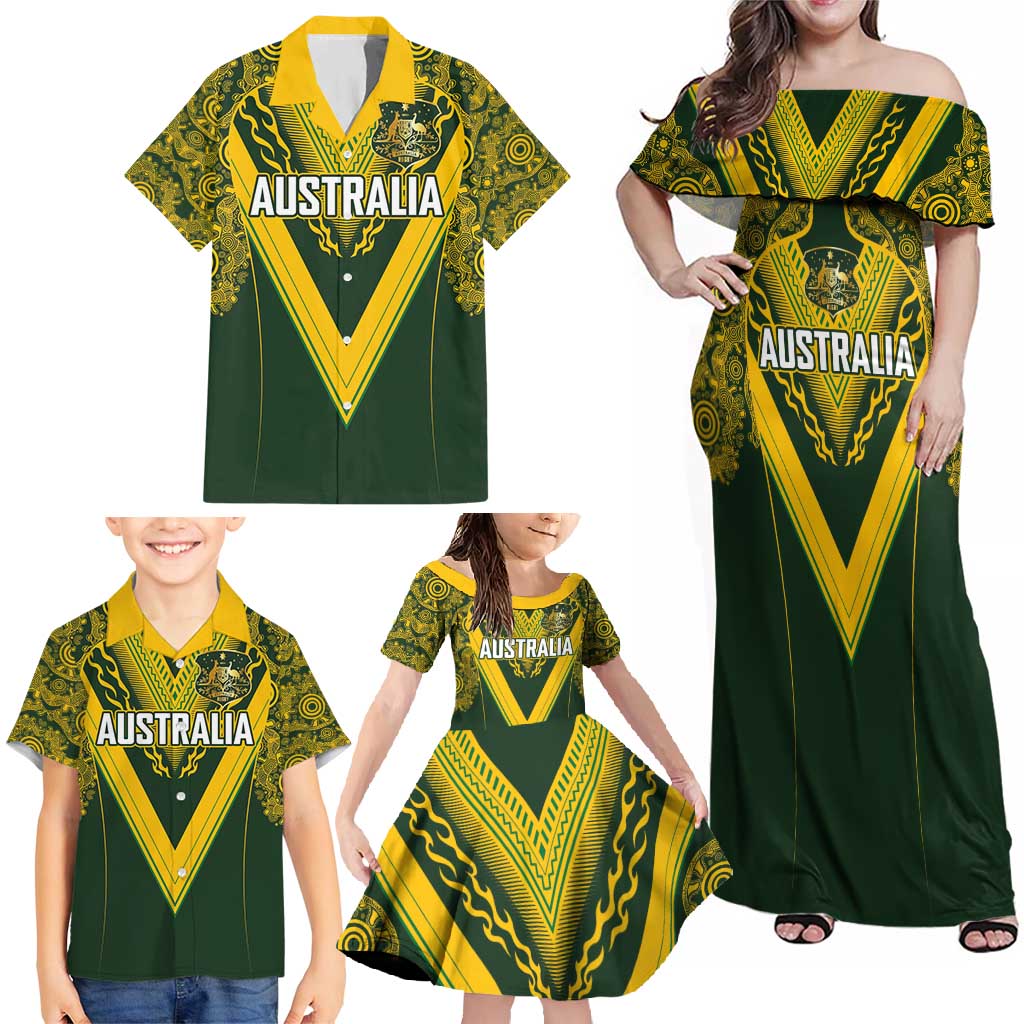 Australia Rugby Custom Family Matching Off Shoulder Maxi Dress and Hawaiian Shirt Aboriginal Art Sporty Style LT03 - Polynesian Pride