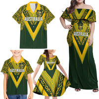 Australia Rugby Custom Family Matching Off Shoulder Maxi Dress and Hawaiian Shirt Aboriginal Art Sporty Style LT03 - Polynesian Pride