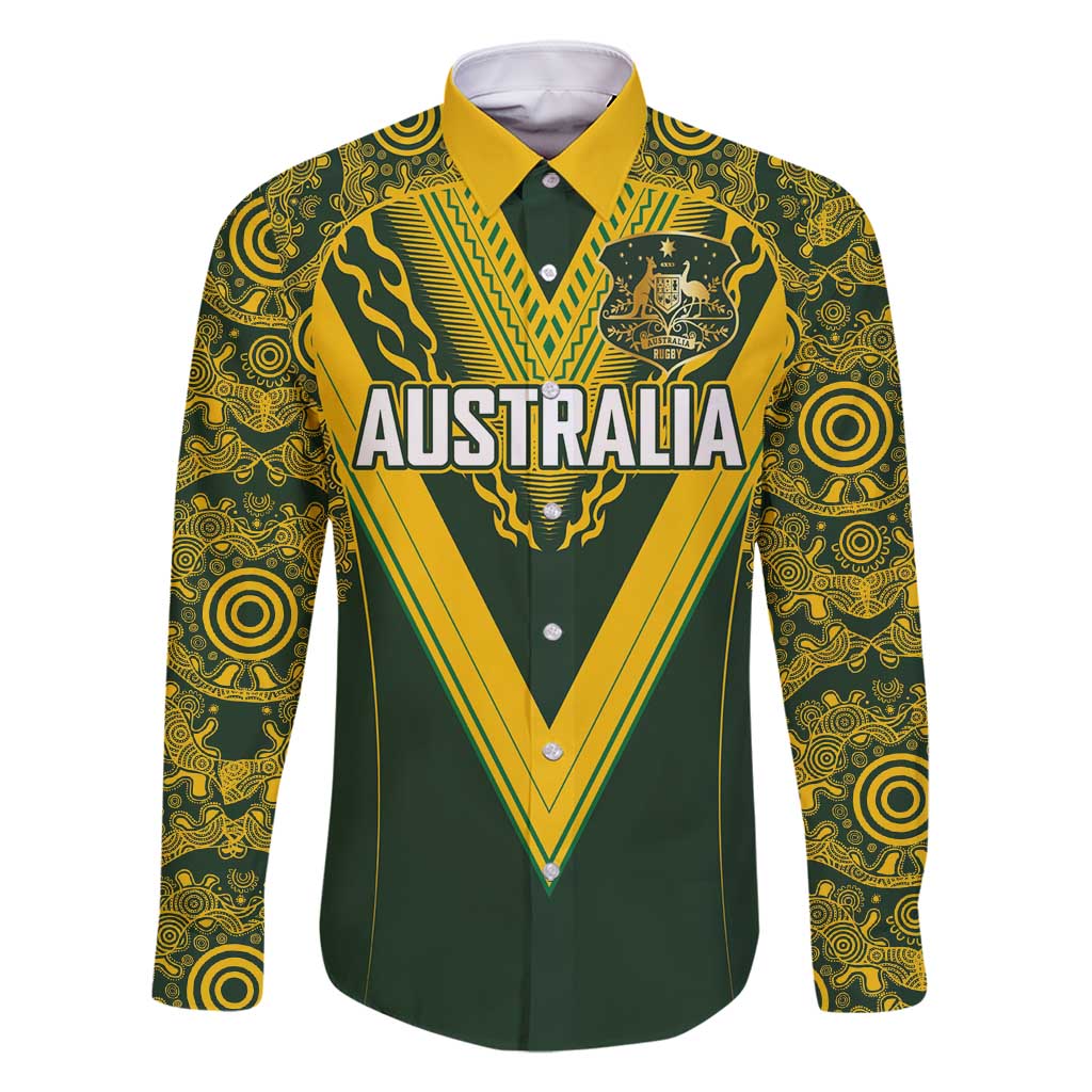 Australia Rugby Custom Family Matching Off Shoulder Maxi Dress and Hawaiian Shirt Aboriginal Art Sporty Style LT03 Dad's Shirt - Long Sleeve Green - Polynesian Pride