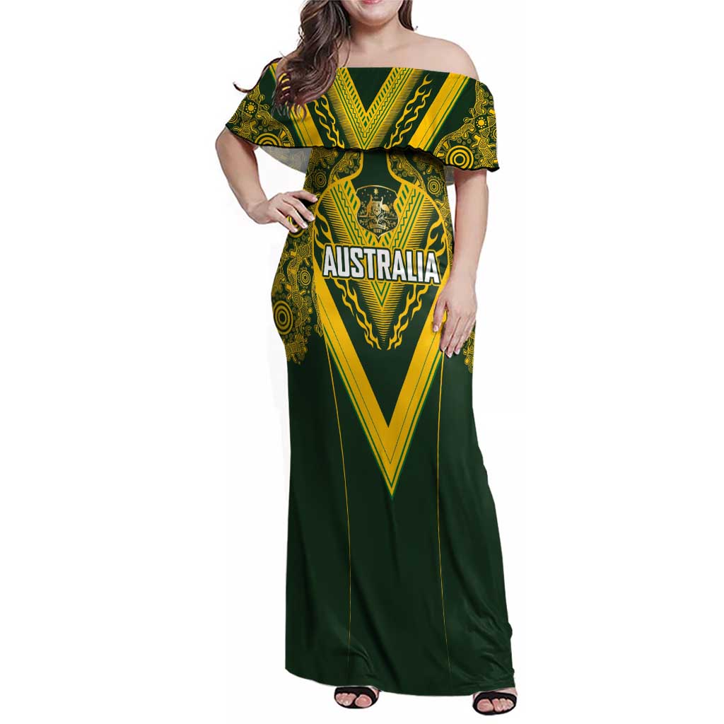 Australia Rugby Custom Family Matching Off Shoulder Maxi Dress and Hawaiian Shirt Aboriginal Art Sporty Style LT03 Mom's Dress Green - Polynesian Pride