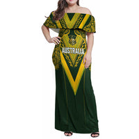 Australia Rugby Custom Family Matching Off Shoulder Maxi Dress and Hawaiian Shirt Aboriginal Art Sporty Style LT03 Mom's Dress Green - Polynesian Pride