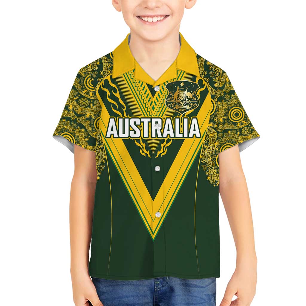Australia Rugby Custom Family Matching Off Shoulder Maxi Dress and Hawaiian Shirt Aboriginal Art Sporty Style LT03 Son's Shirt Green - Polynesian Pride