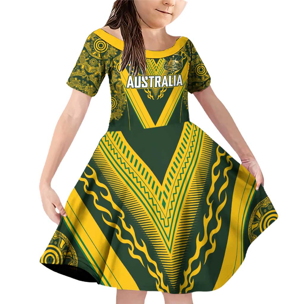 Australia Rugby Custom Family Matching Off Shoulder Short Dress and Hawaiian Shirt Aboriginal Art Sporty Style LT03 Daughter's Dress Green - Polynesian Pride
