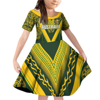 Australia Rugby Custom Family Matching Off Shoulder Short Dress and Hawaiian Shirt Aboriginal Art Sporty Style LT03 Daughter's Dress Green - Polynesian Pride