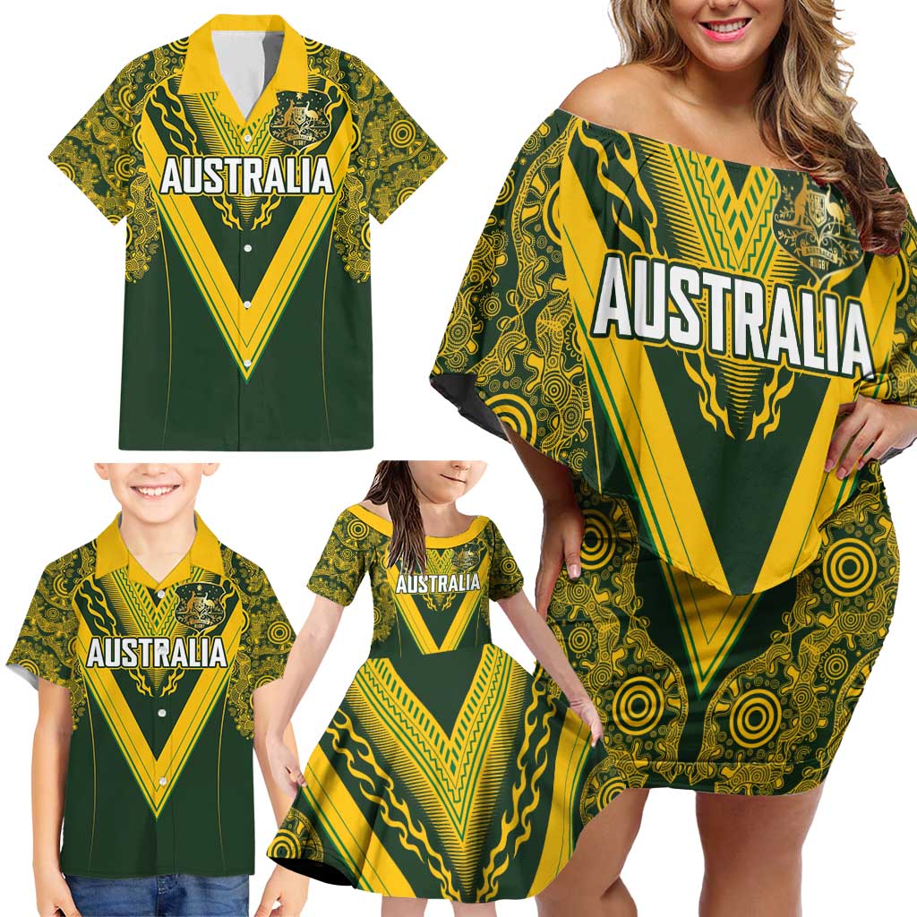 Australia Rugby Custom Family Matching Off Shoulder Short Dress and Hawaiian Shirt Aboriginal Art Sporty Style LT03 - Polynesian Pride