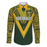Australia Rugby Custom Family Matching Off Shoulder Short Dress and Hawaiian Shirt Aboriginal Art Sporty Style LT03 Dad's Shirt - Long Sleeve Green - Polynesian Pride