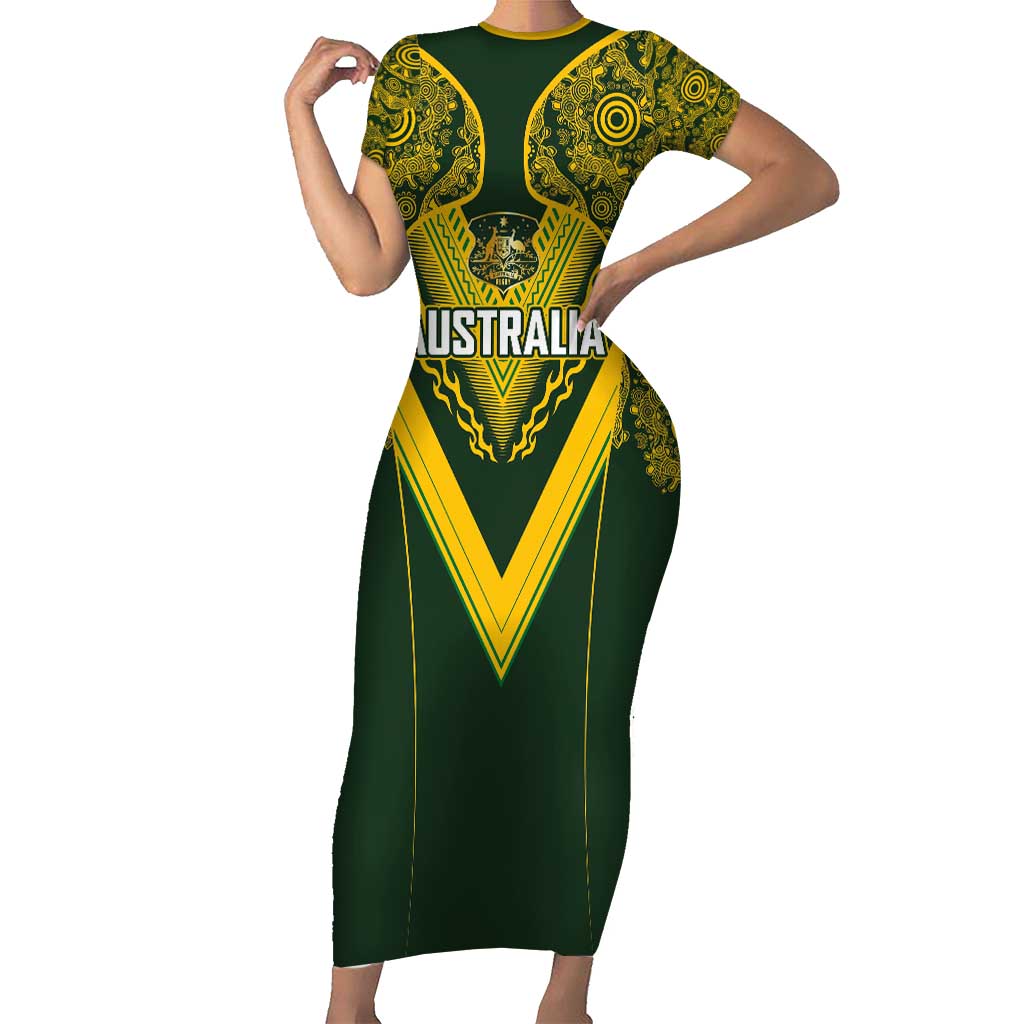 Australia Rugby Custom Family Matching Short Sleeve Bodycon Dress and Hawaiian Shirt Aboriginal Art Sporty Style LT03 Mom's Dress Green - Polynesian Pride
