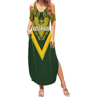 Australia Rugby Custom Family Matching Summer Maxi Dress and Hawaiian Shirt Aboriginal Art Sporty Style LT03 Mom's Dress Green - Polynesian Pride