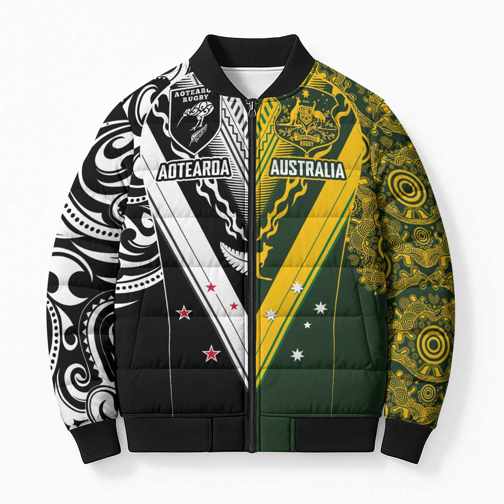 Aotearoa Australia Rugby Custom Bomber Puffer Jacket Maori and Aboriginal Art Sporty Style - Polynesian Pride