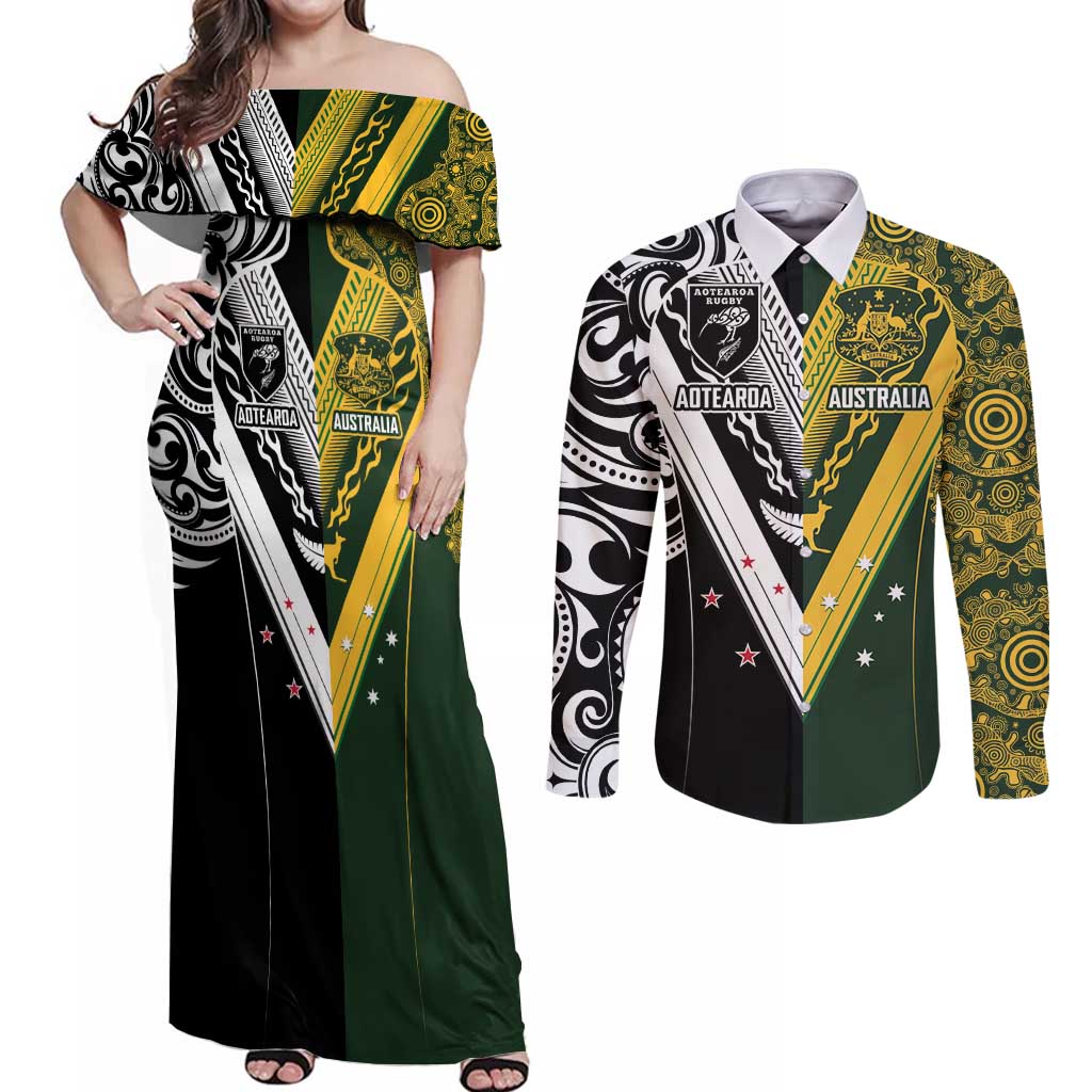 Aotearoa Australia Rugby Custom Couples Matching Off Shoulder Maxi Dress and Long Sleeve Button Shirt Maori and Aboriginal Art Sporty Style - Polynesian Pride
