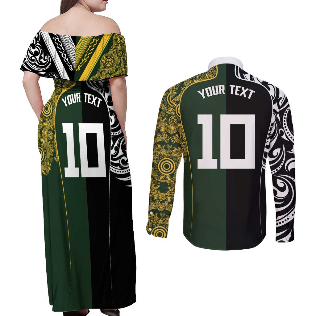 Aotearoa Australia Rugby Custom Couples Matching Off Shoulder Maxi Dress and Long Sleeve Button Shirt Maori and Aboriginal Art Sporty Style LT03 - Polynesian Pride