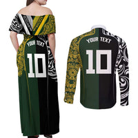 Aotearoa Australia Rugby Custom Couples Matching Off Shoulder Maxi Dress and Long Sleeve Button Shirt Maori and Aboriginal Art Sporty Style LT03 - Polynesian Pride
