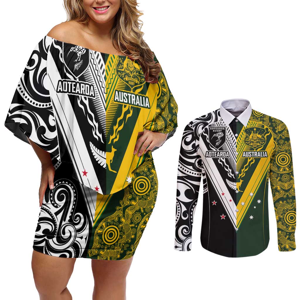 Aotearoa Australia Rugby Custom Couples Matching Off Shoulder Short Dress and Long Sleeve Button Shirt Maori and Aboriginal Art Sporty Style LT03 Green - Polynesian Pride
