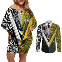 Aotearoa Australia Rugby Custom Couples Matching Off Shoulder Short Dress and Long Sleeve Button Shirt Maori and Aboriginal Art Sporty Style LT03 Green - Polynesian Pride