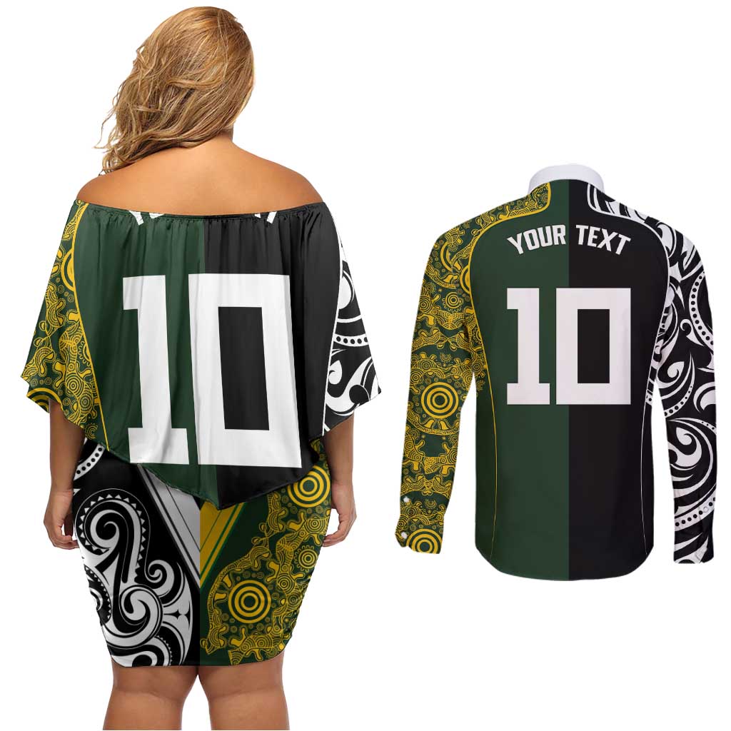 Aotearoa Australia Rugby Custom Couples Matching Off Shoulder Short Dress and Long Sleeve Button Shirt Maori and Aboriginal Art Sporty Style LT03 - Polynesian Pride