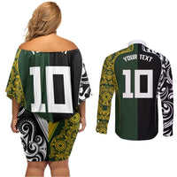 Aotearoa Australia Rugby Custom Couples Matching Off Shoulder Short Dress and Long Sleeve Button Shirt Maori and Aboriginal Art Sporty Style LT03 - Polynesian Pride