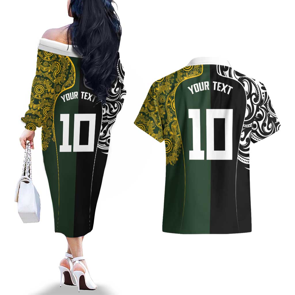 Aotearoa Australia Rugby Custom Couples Matching Off The Shoulder Long Sleeve Dress and Hawaiian Shirt Maori and Aboriginal Art Sporty Style LT03 - Polynesian Pride