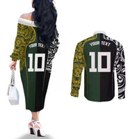 Aotearoa Australia Rugby Custom Couples Matching Off The Shoulder Long Sleeve Dress and Long Sleeve Button Shirt Maori and Aboriginal Art Sporty Style - Polynesian Pride
