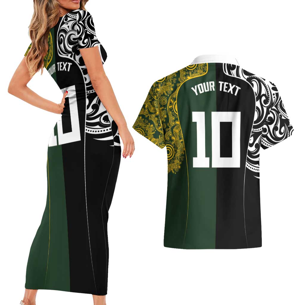 Aotearoa Australia Rugby Custom Couples Matching Short Sleeve Bodycon Dress and Hawaiian Shirt Maori and Aboriginal Art Sporty Style - Polynesian Pride