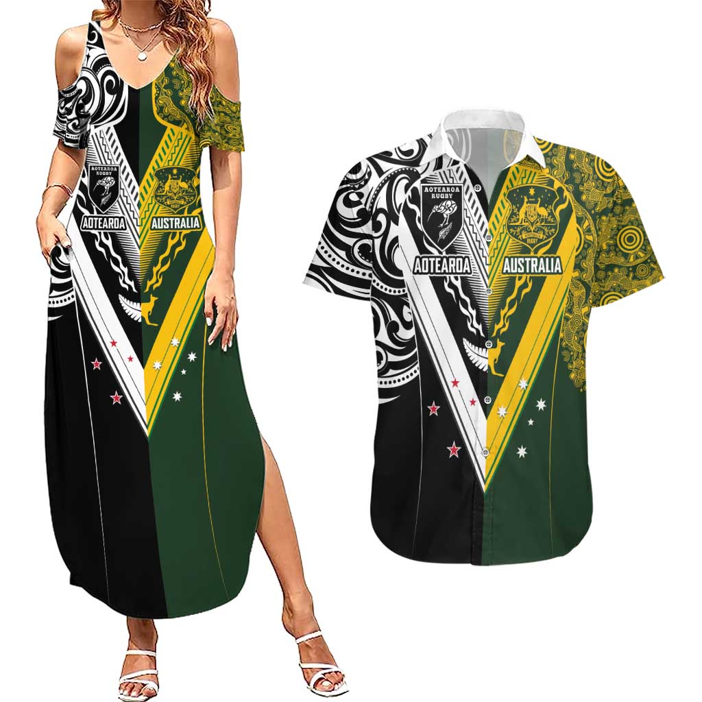Aotearoa Australia Rugby Custom Couples Matching Summer Maxi Dress and Hawaiian Shirt Maori and Aboriginal Art Sporty Style - Polynesian Pride